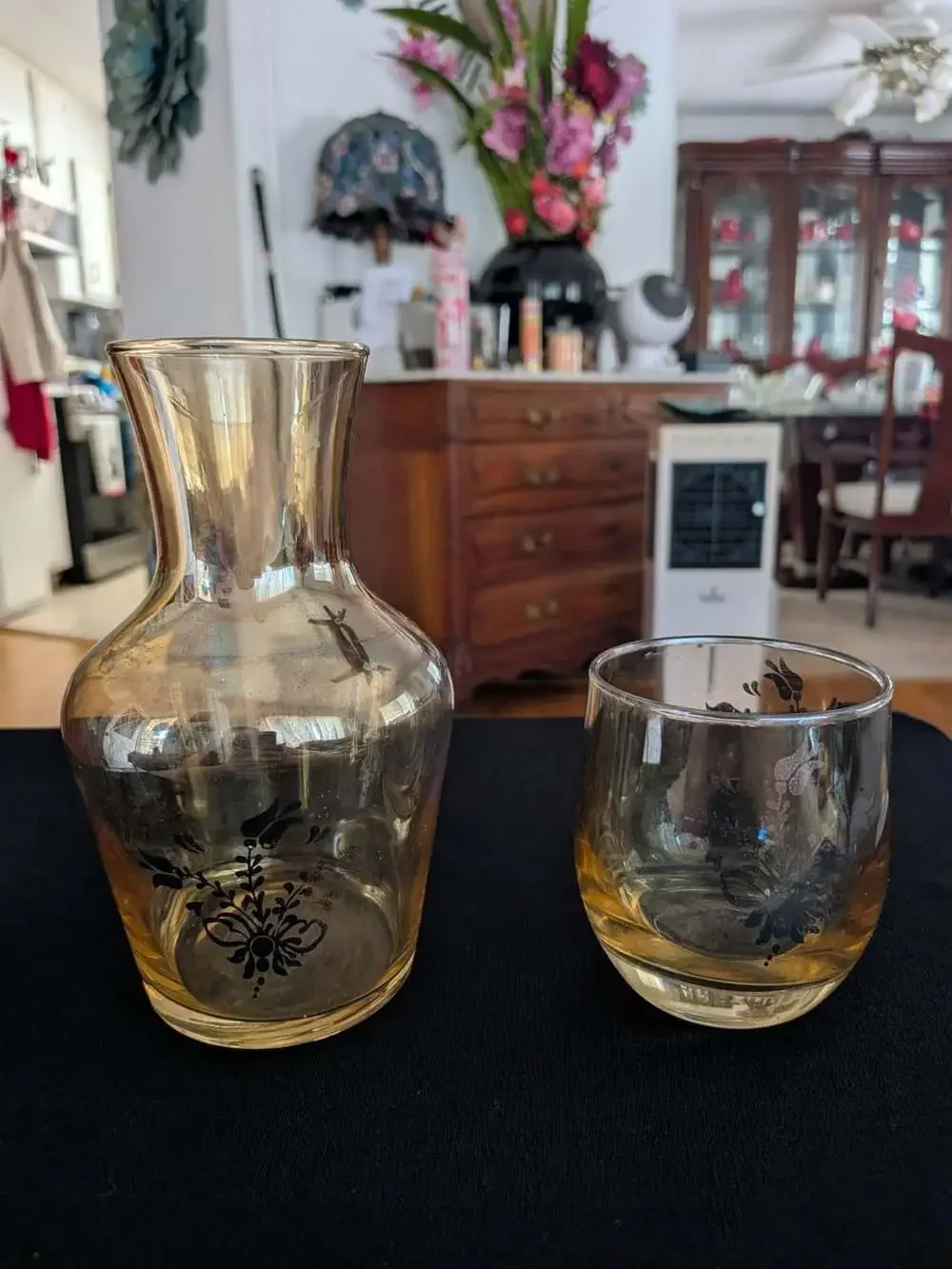 Vintage Amber Glass Water Carafe and Tumbler Set with Black Floral Design